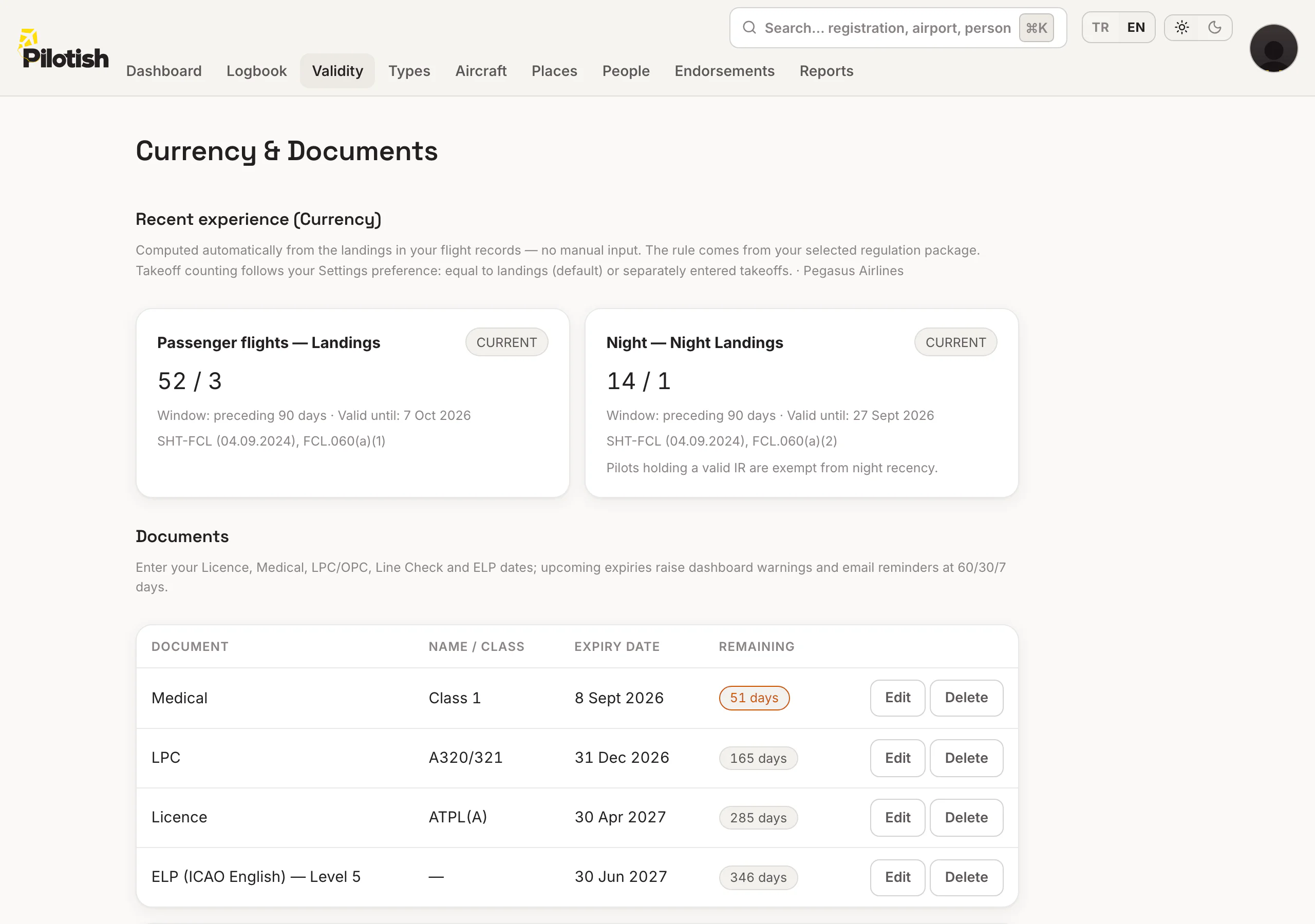 Currency screen: automatic currency cards and the document tracking table
