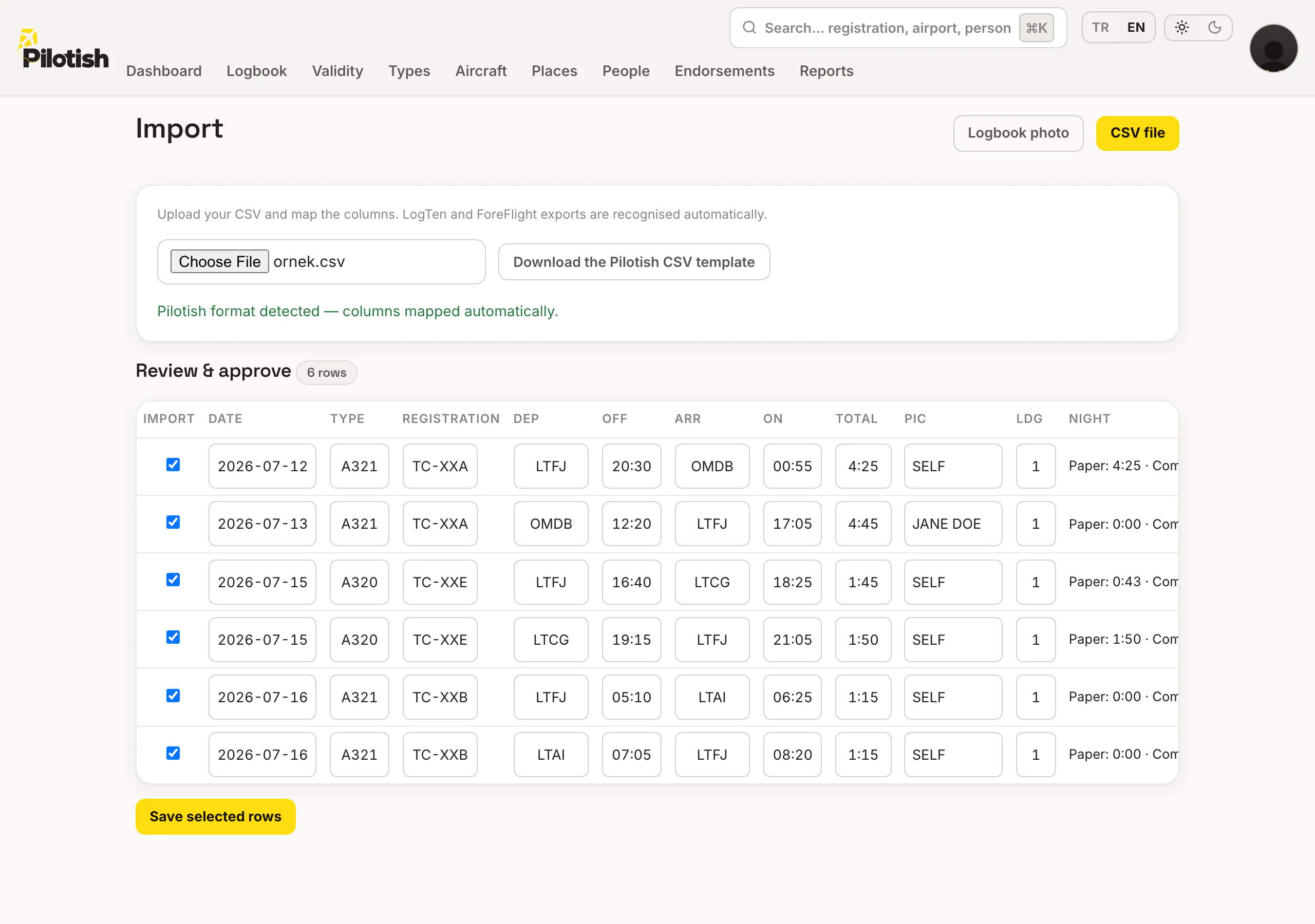 Pilotish import review screen: extracted logbook rows, arithmetic checks and page totals