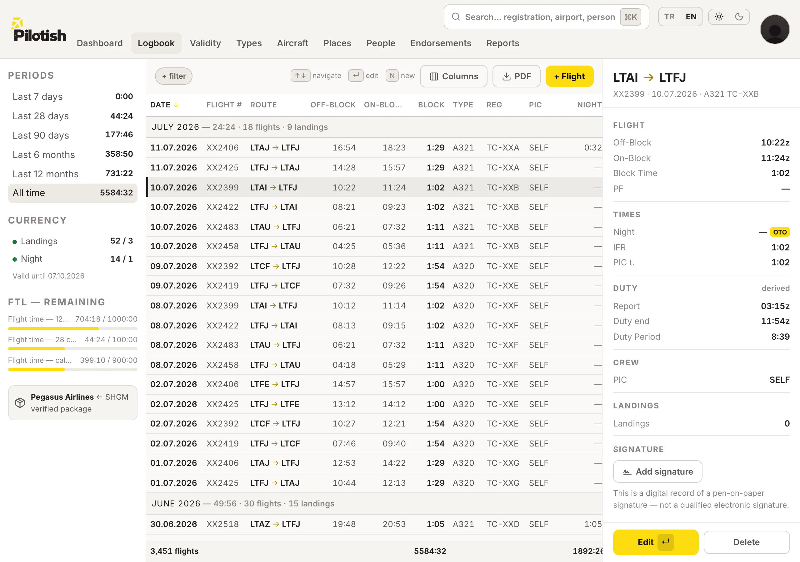 Logbook command center: period totals, dense flight table and the selected flight's detail panel